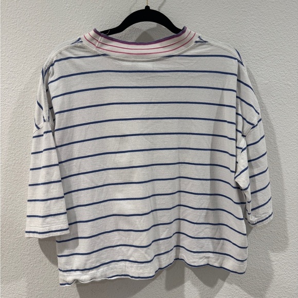 Quiksilver Striped Cropped Crewneck Surf Beach White Blue Pink T-Shirt Large - Picture 7 of 13